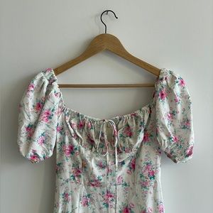 XS white and pink floral dress with slit and tie bust (worn once)